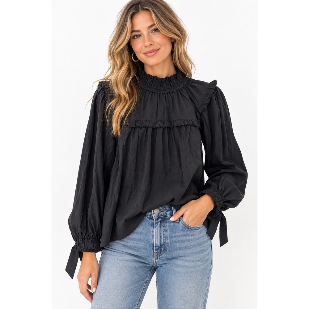 Sea New York Rumi 3/4 Sleeve Blouse Black Smocked Ruffle Cotton Top Size 6 NEW